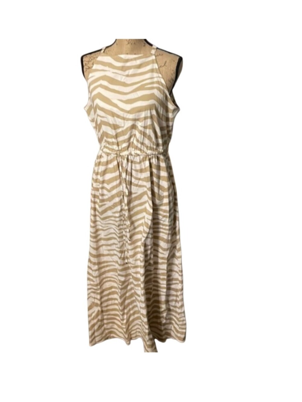 LOFT Neutral Zebra-Print Maxi Dress with Drawstring Waist Size Medium